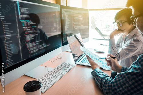programming and coding technologies. Website design. Programmer working business in software develop company office screen computer background photo