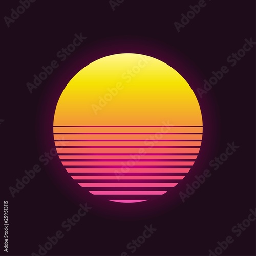 Retro sunset in 80`s style. Retrowave, synthwave futuristic background. Template design for cyber or sci-fi abstract concept.