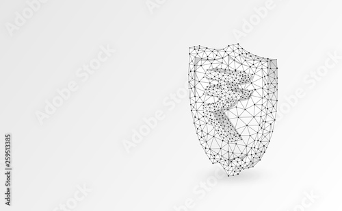 Security shield with Indian Rupee currency symbol abstract origami 3d illustration. Polygonal Raster business concept of safety, money protection. Low poly wireframe, triangles, lines, dots