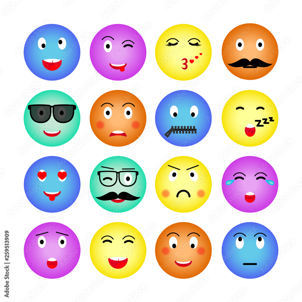 Set of colorful round emojis. Isolated on white background. Emoticon for web site, chat, sms. Vector illustration. Vector Set of colorful round emojis. Isolated on white background. Emoticon for web site, chat, sms. Vector illustration. Vector