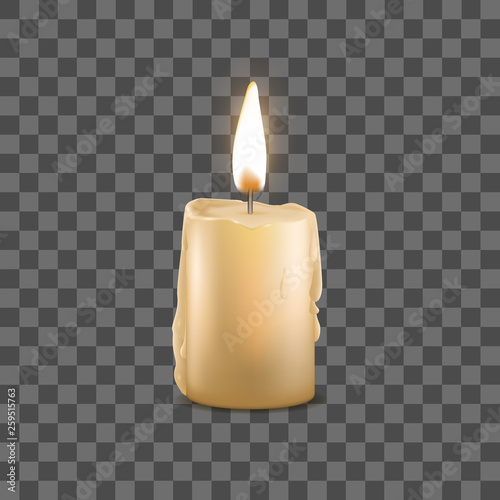 Realistic Detailed 3d Burning Wax Candle on a Transparent Background . Vector