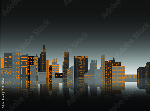 Night cityscape against the background of the night sky. A long city street with lights on. Vector illustration.