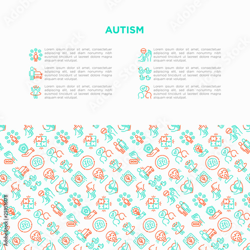 Autism concept, symptoms and adaptive skills thin line icons: repetitive behavior, stereotypy, ignoring of danger, autoaggression, hysterics, communication, social interaction. Vector illustration.