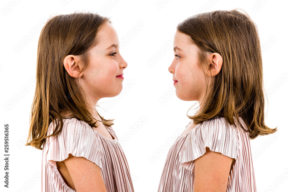 Identical twin girls are looking at each other and smiling. Identical twin girls are looking at each other and smiling.