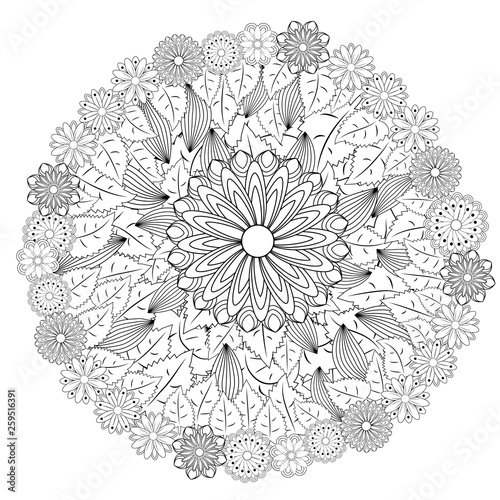 floral mandalaa stylized circular ornament. floral mandala. black-and-white drawing. coloring book for children and adults. page for artbook.