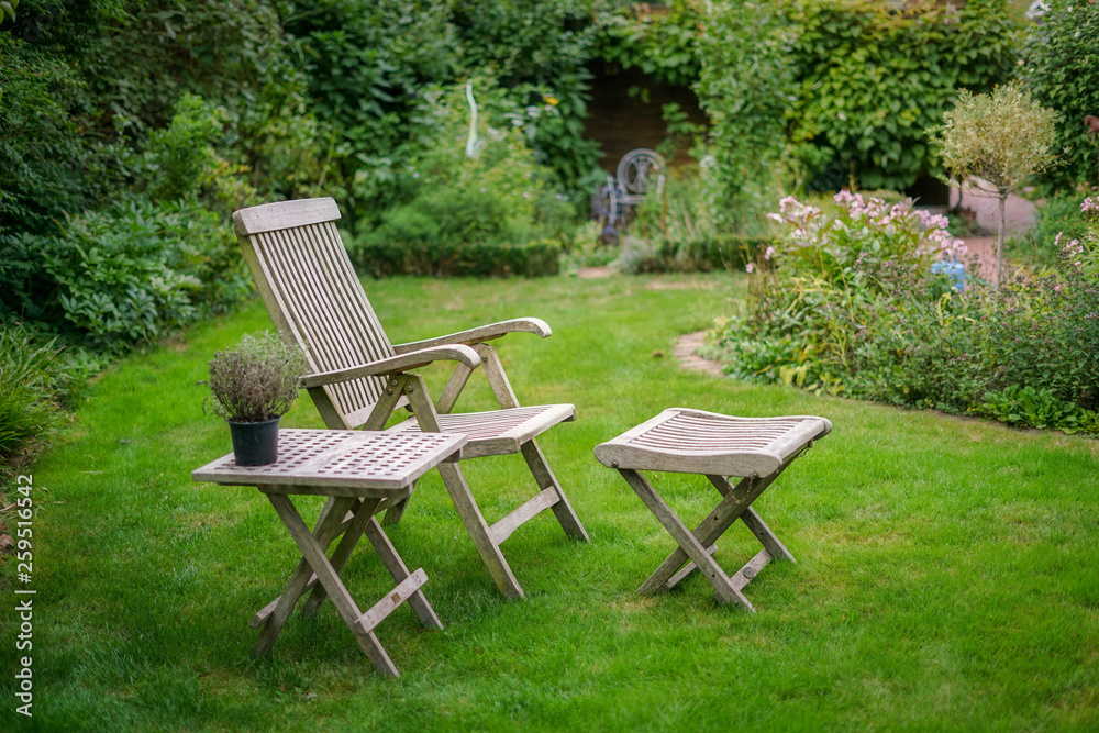 table and chair in a garden