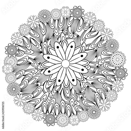 floral mandalaa stylized circular ornament. floral mandala. black-and-white drawing. coloring book for children and adults. page for artbook.