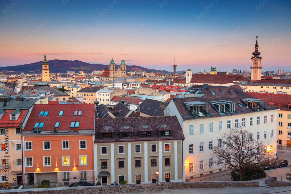 Linz, Austria. Aerial cityscape image of Linz, Austria during sunset.