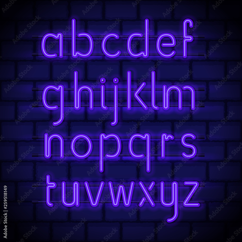 Neon style letters, glowing in night latin alphabet on a brick wall. Luminous lowercase font for neon signs and billboards decoration. Vector
