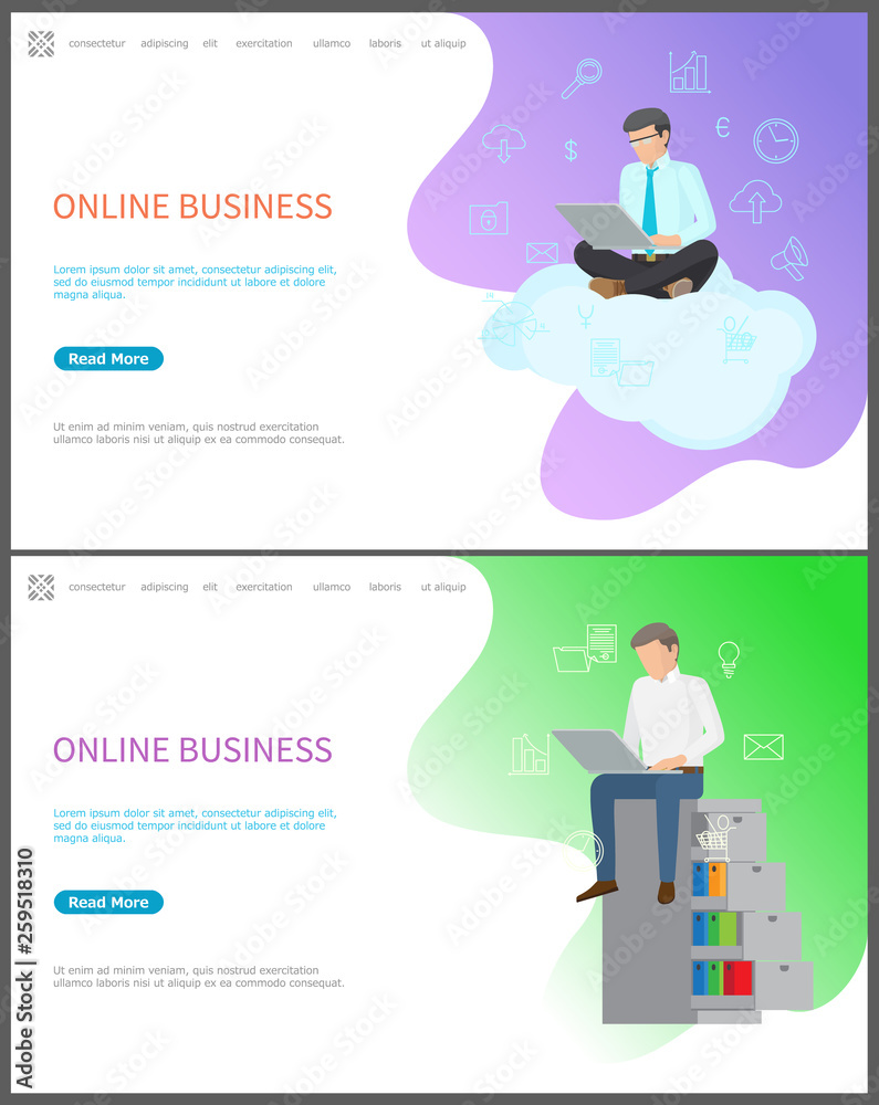 Online business people busy with work web pages with text sample and information vector. Businessman with laptop, sitting on cloud global network Online business people busy with work web pages with text sample and information vector. Businessman with laptop, sitting on cloud global network