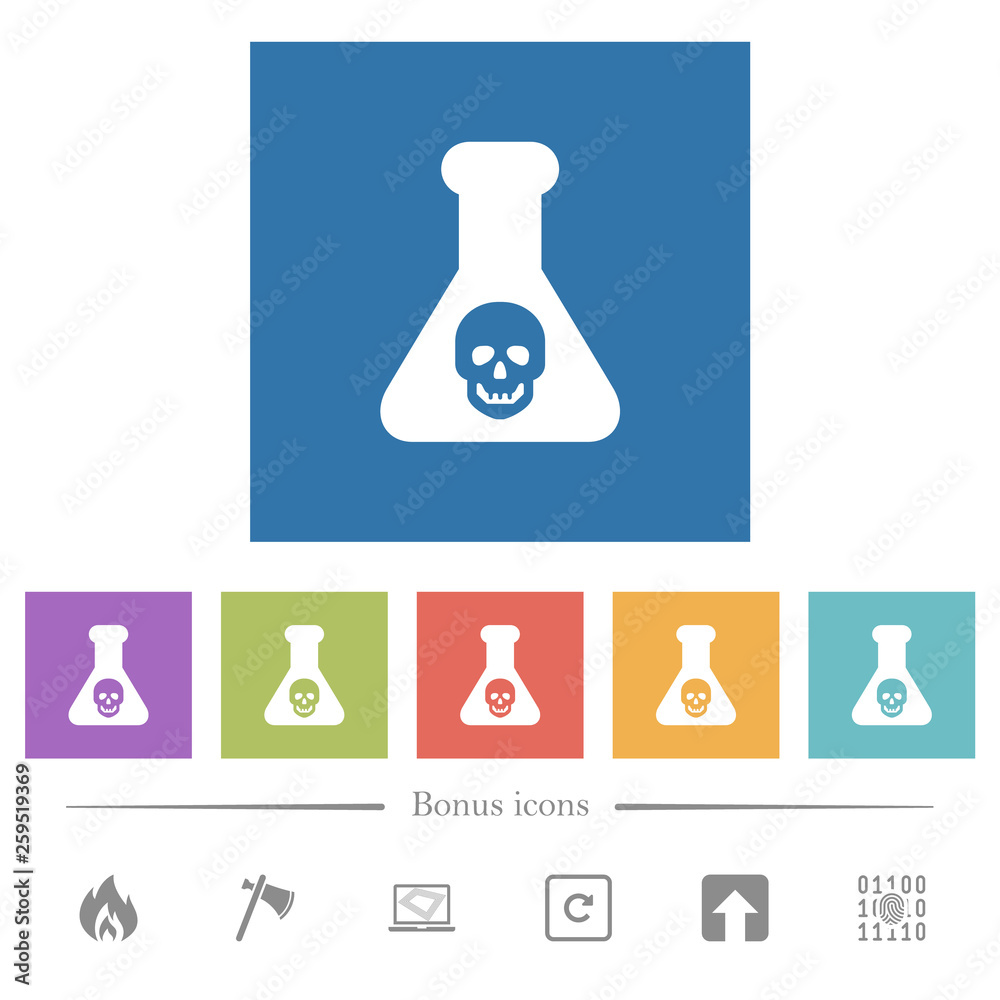 Dangerous chemical experiment flat white icons in square backgrounds Dangerous chemical experiment flat white icons in square backgrounds