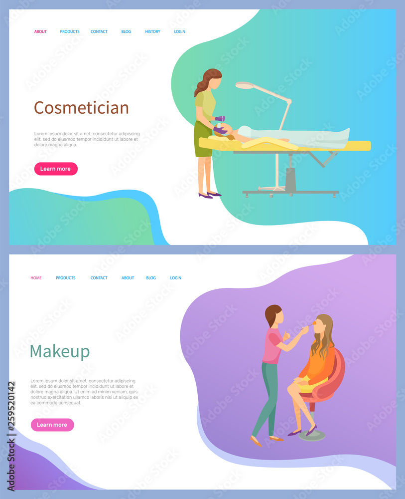 Cosmetician and makeup screen of website, spa procedures with face of client lying on table. Master holding brush and making eyebrows for woman vector Cosmetician and makeup screen of website, spa procedures with face of client lying on table. Master holding brush and making eyebrows for woman vector