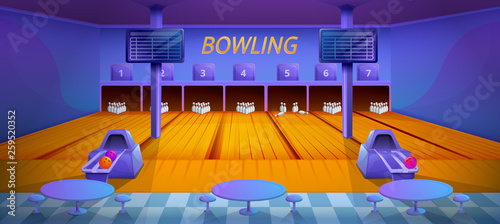 cartoon bowling club interior with furniture, vector illustration