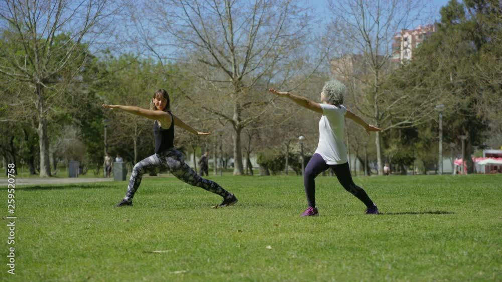 Smiling senior woman practicing yoga with trainer. Two women training in summer park. Concept of sport Smiling senior woman practicing yoga with trainer. Two women training in summer park. Concept of sport