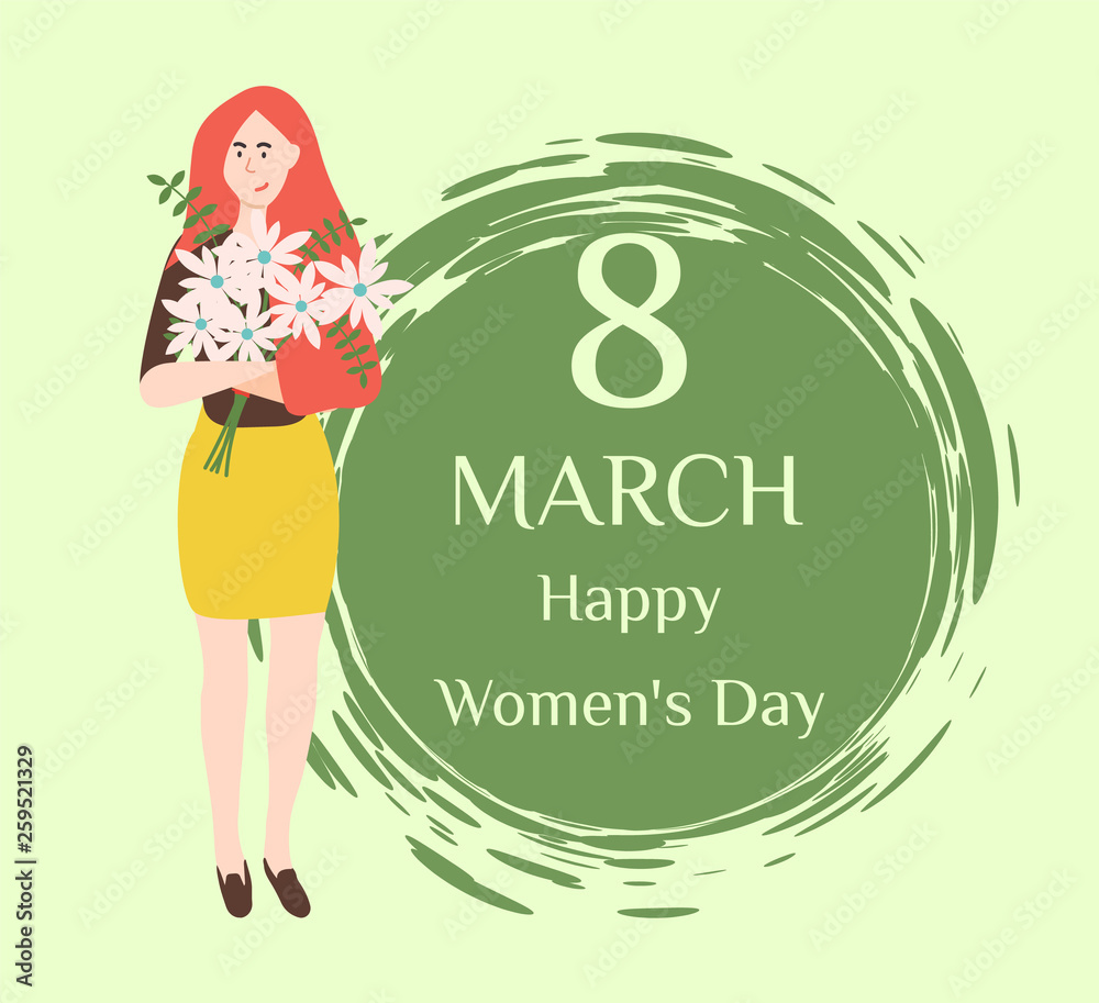 Best wishes on Womens day, 8 march holiday. artoon female in flat style, blooming daisies and round painted brush pot, vector girl with flower bouquet Best wishes on Womens day, 8 march holiday. artoon female in flat style, blooming daisies and round painted brush pot, vector girl with flower bouquet