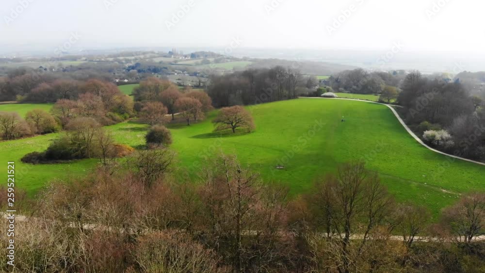 Aerial lateral motion of Westley Heights Country Park on a sunny spring day Aerial lateral motion of Westley Heights Country Park on a sunny spring day