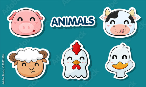 Cartoon faces of animals raised as food.
