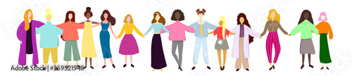 A group of women standing together and holding hands. Feminists, minded sisters. Girl power concept. Vector illustration.