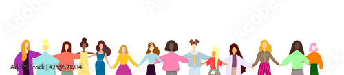 A group of women standing together and holding hands. Feminists, minded sisters. Girl power concept. Vector illustration.