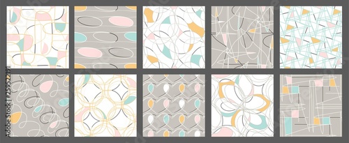 Vector set of seamless patterns with brush strokes in memphis style. Background for printing brochure, poster, party, summer print, vintage textile design, card. Pastel colors.