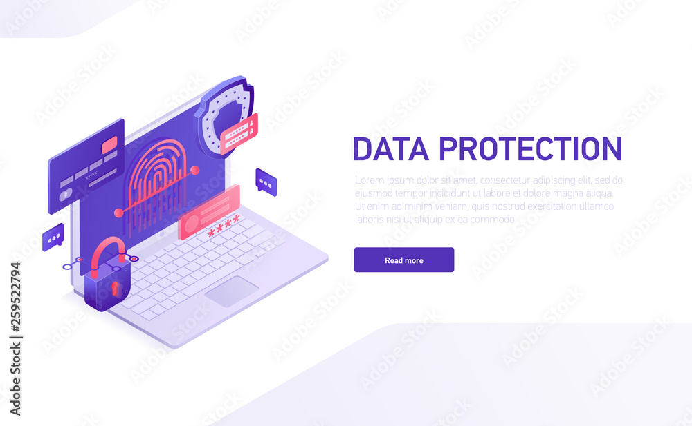 Data protection 3d isometric template of e-commerce site, home page vector design. Data safety isometric icons, shield, password, lock, credit card, fingerprint, laptop isometric icons