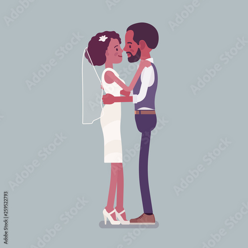 Bride and groom in gentle hug on wedding ceremony. African american man, woman in beautiful dress on traditional celebration, married couple in love. Marriage customs, traditions. Vector illustration