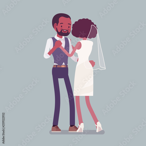 Bride and groom first dance on wedding ceremony. African american man, woman in beautiful dress on traditional celebration, married couple in love. Marriage customs and traditions. Vector illustration