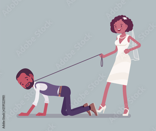 Bride holding groom on dog leash. African american unhappy man oppressed by woman, traditional celebration, wife in married couple controlling. Marriage customs and traditions. Vector illustration