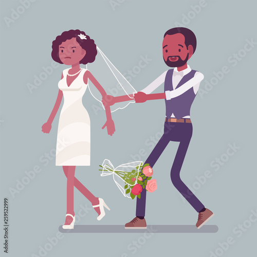 Angry bride leaving groom on wedding ceremony. African american unhappy woman in a white dress going away from future husband, changing mind, refusing to marry, break celebration. Vector illustration