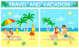 People traveling, relaxing on beach vector, couple drinking cocktails by seaside. Coastal relaxation couple laying on chaise longue, palm trees greenery