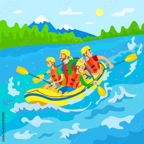 Wild nature  travelers in boat  river rafting vector. Mountain and forest  men and women in helmets and life vests with oars  extreme traveling or sport