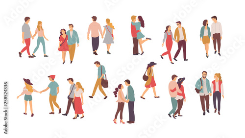Family vector, people walking in pairs, holding hands of each other. Happy romantic couples, hugs and embraces, lonely woman and lone man with sad faces