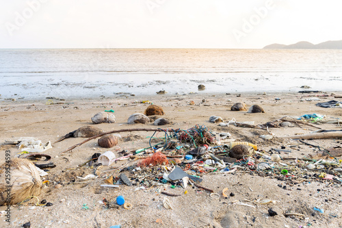 Dirty bech in Thailand, garbage on the beach, environmental problem concept