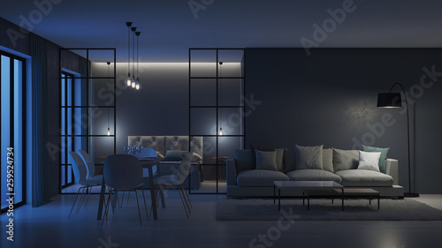 Modern house interior. Bedroom behind glass partitions. Night. Evening lighting. 3D rendering.