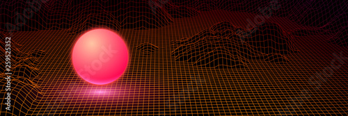 Landscape with wireframe grid of 80s styled retro computer game 