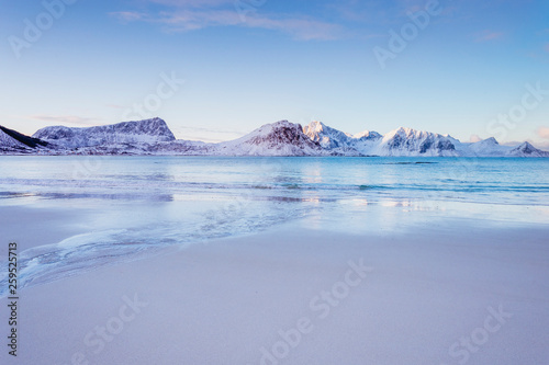 Beautiful landscape on a winter beach in Norway in the Lofoten Islands