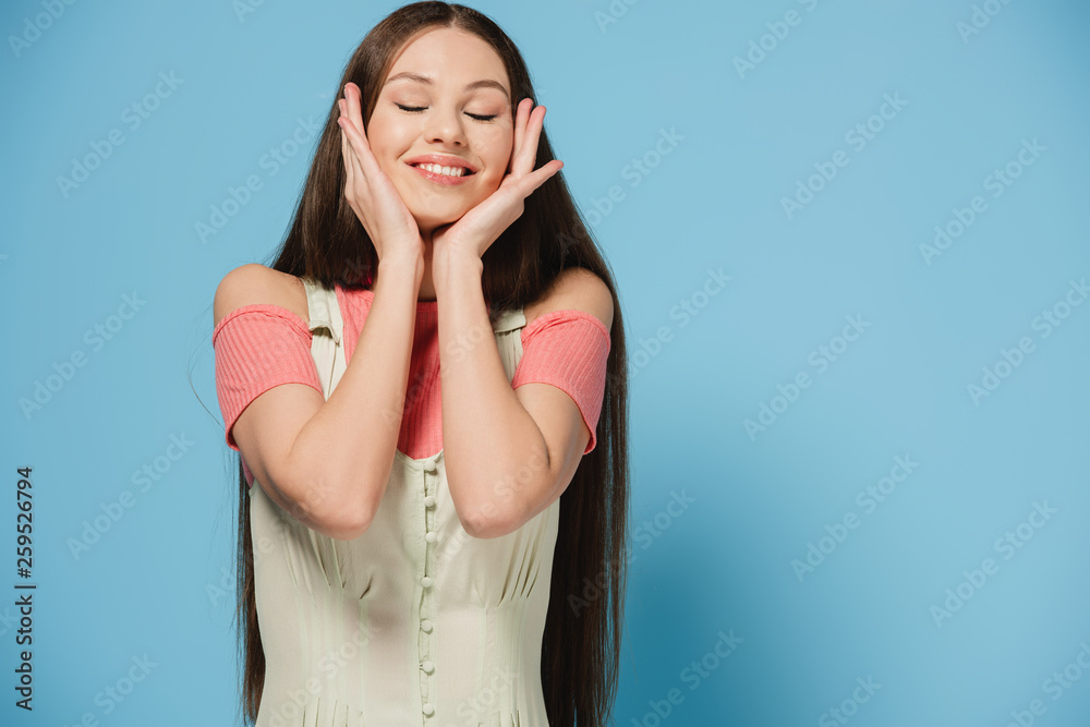 attractive and brunette woman in elegant dress with closed eyes smiling attractive and brunette woman in elegant dress with closed eyes smiling