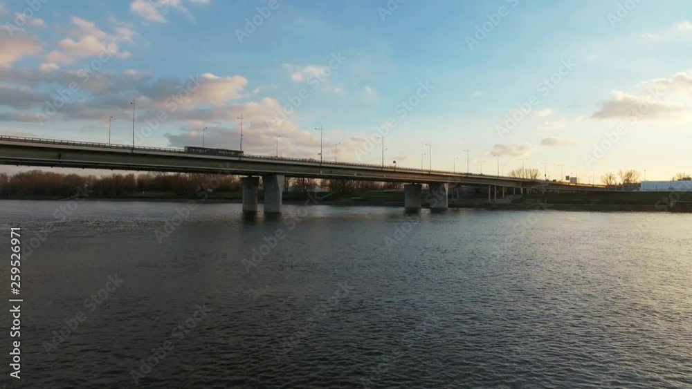 Drone flight towards the Lazienkowski Bridge in Warsaw, Poland Drone flight towards the Lazienkowski Bridge in Warsaw, Poland