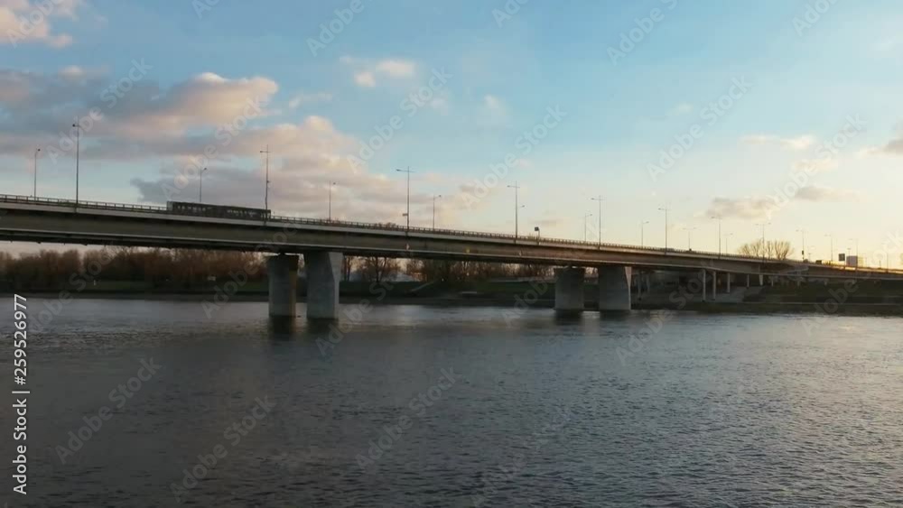 Aerial drone flight towards the Lazienkowski Bridge in Warsaw, Poland Aerial drone flight towards the Lazienkowski Bridge in Warsaw, Poland