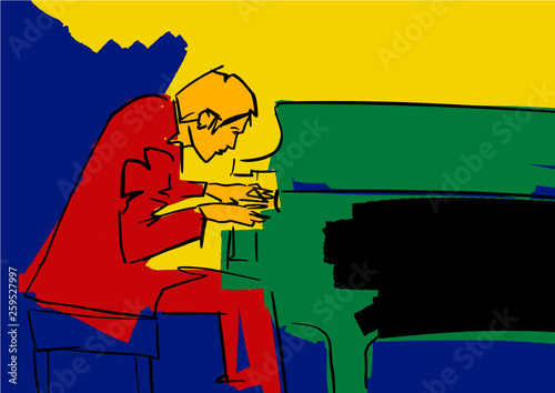 Musician at the piano. Pianist plays at concert. Piano player silhouette. Colorful musical illustration. Vector.