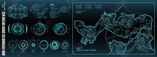 Futuristic navigate mapping technology, dashboard GPS map. HUD user interface, virtual reality technology screen.