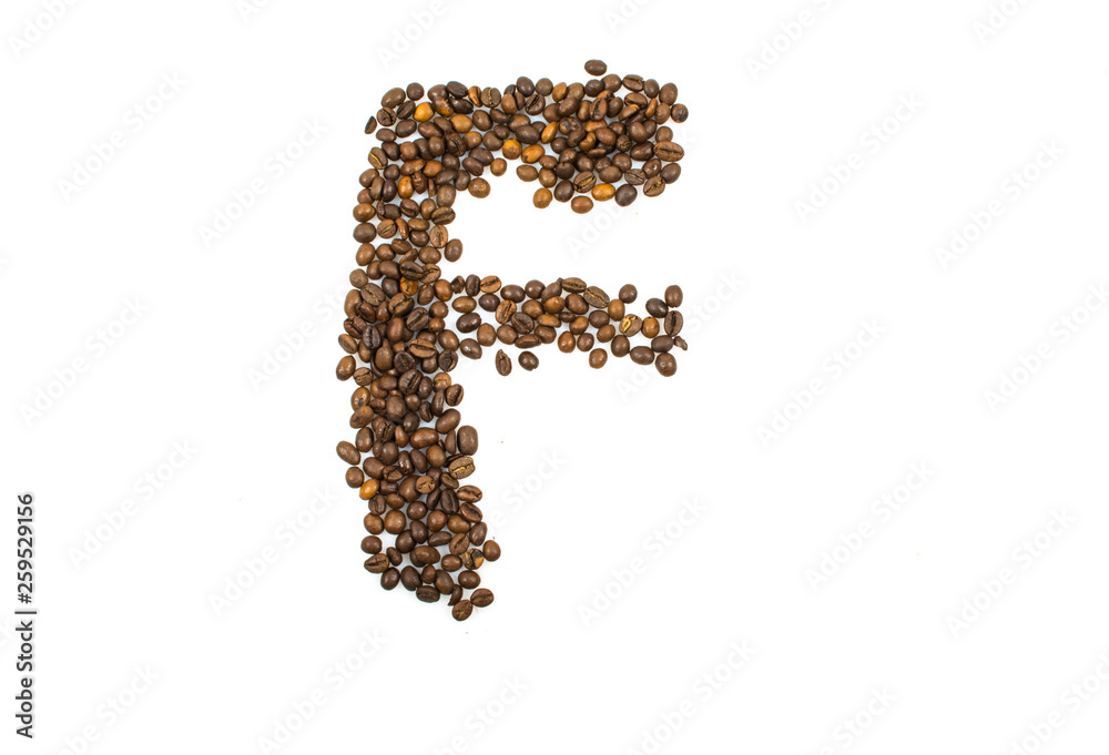 English letter F made of coffee isolated on white background