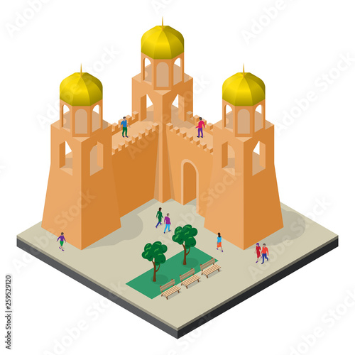 Cityscape in isometric view. Fortress wall, towers, benches, trees and people.