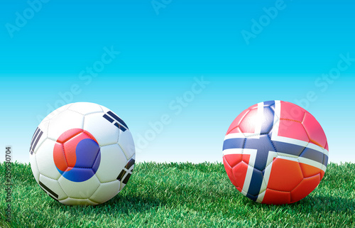 Two soccer balls in flags colors on green grass. South Korea and Norway. 3d image