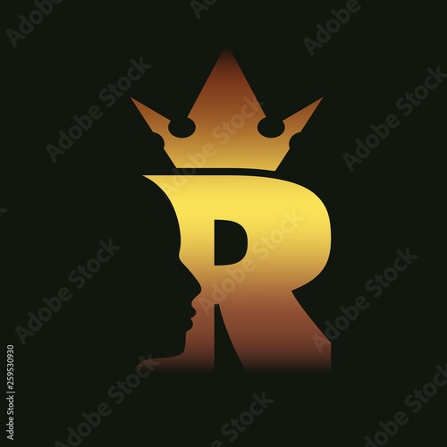 Royal luxury emblem with R letter silhouette. Prince head silhouette with crown. Medieval king profile. Business fantasy badge