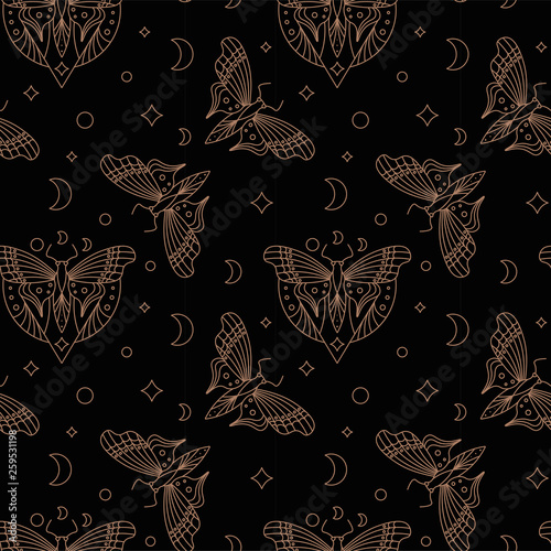 Seamless pattern with butterflies geometry. Black background.
