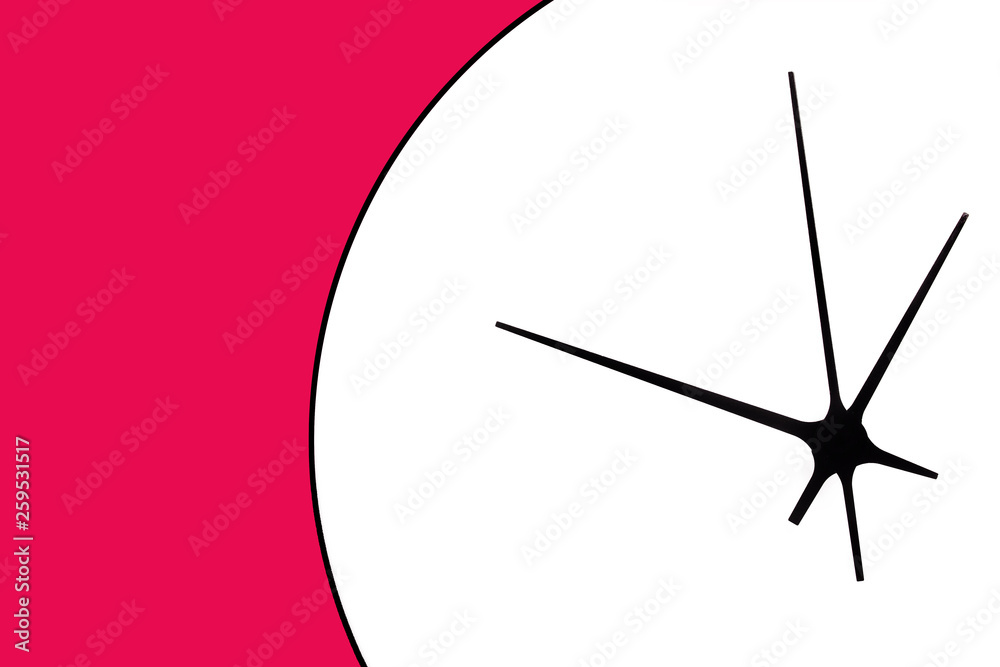 White round clock with black arrows isolated on pink background. Empty copy space time texture. White round clock with black arrows isolated on pink background. Empty copy space time texture.