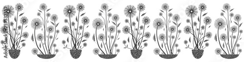 Modern elegant floral seamless vector border in black and white on white background. Hand drawn flowers and textured vases. Great for fabric borders, stationery, packaging, garden, beauty spa products