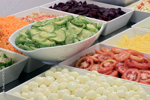 Salad dishes in self-service restaurant in Brazil