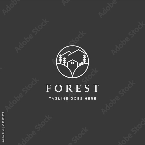 mountain forest nature badge line simple logo template vector illustration icon element